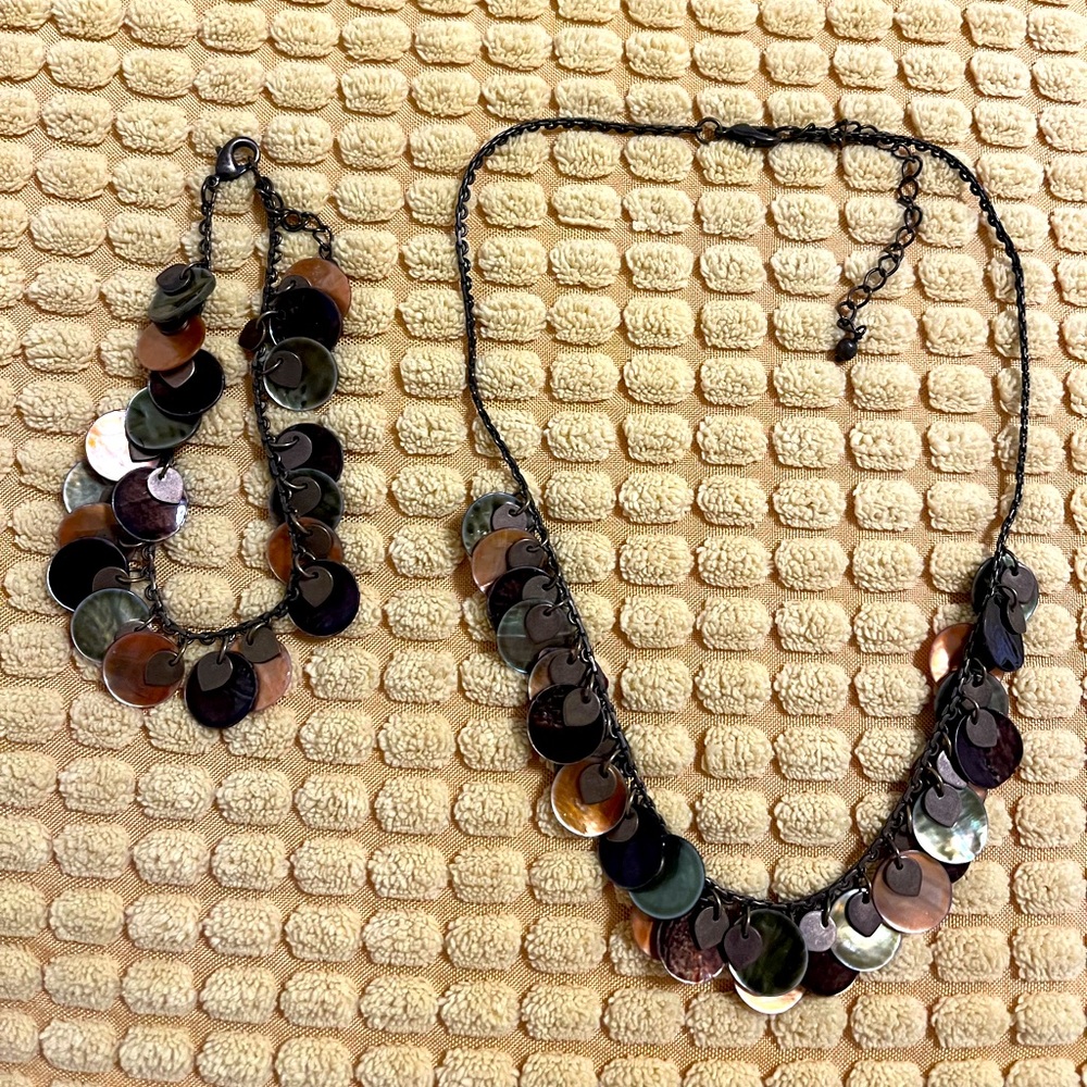 Pearlescent Disc Necklace and bracelet warm brown tones